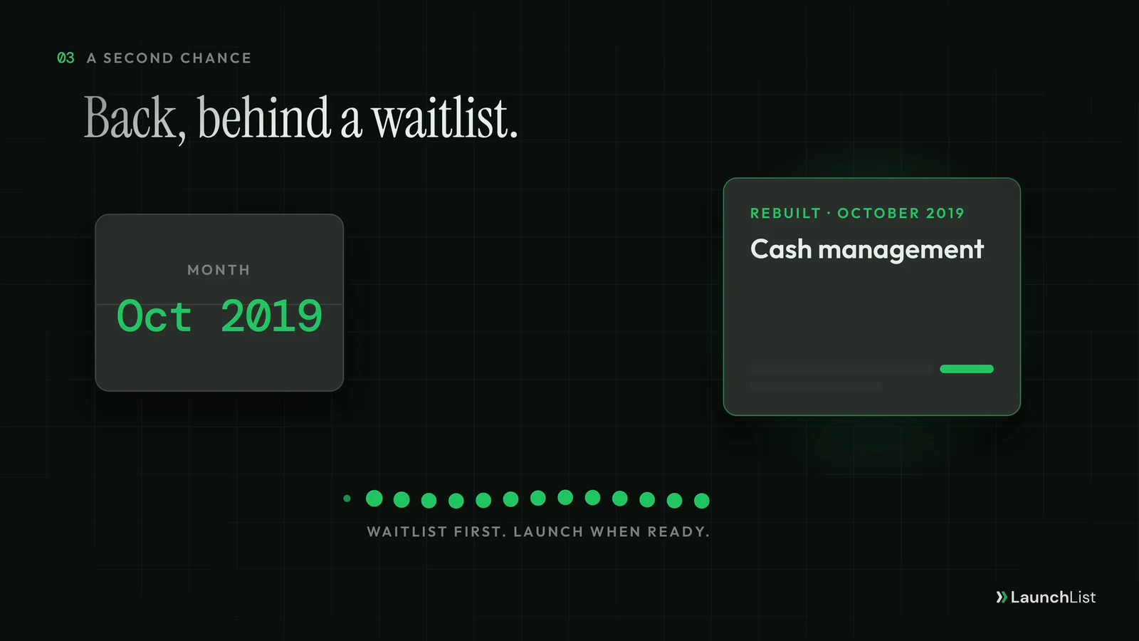 Robinhood's rebuilt Cash Management in October 2019, back behind a waitlist: waitlist first, launch when ready