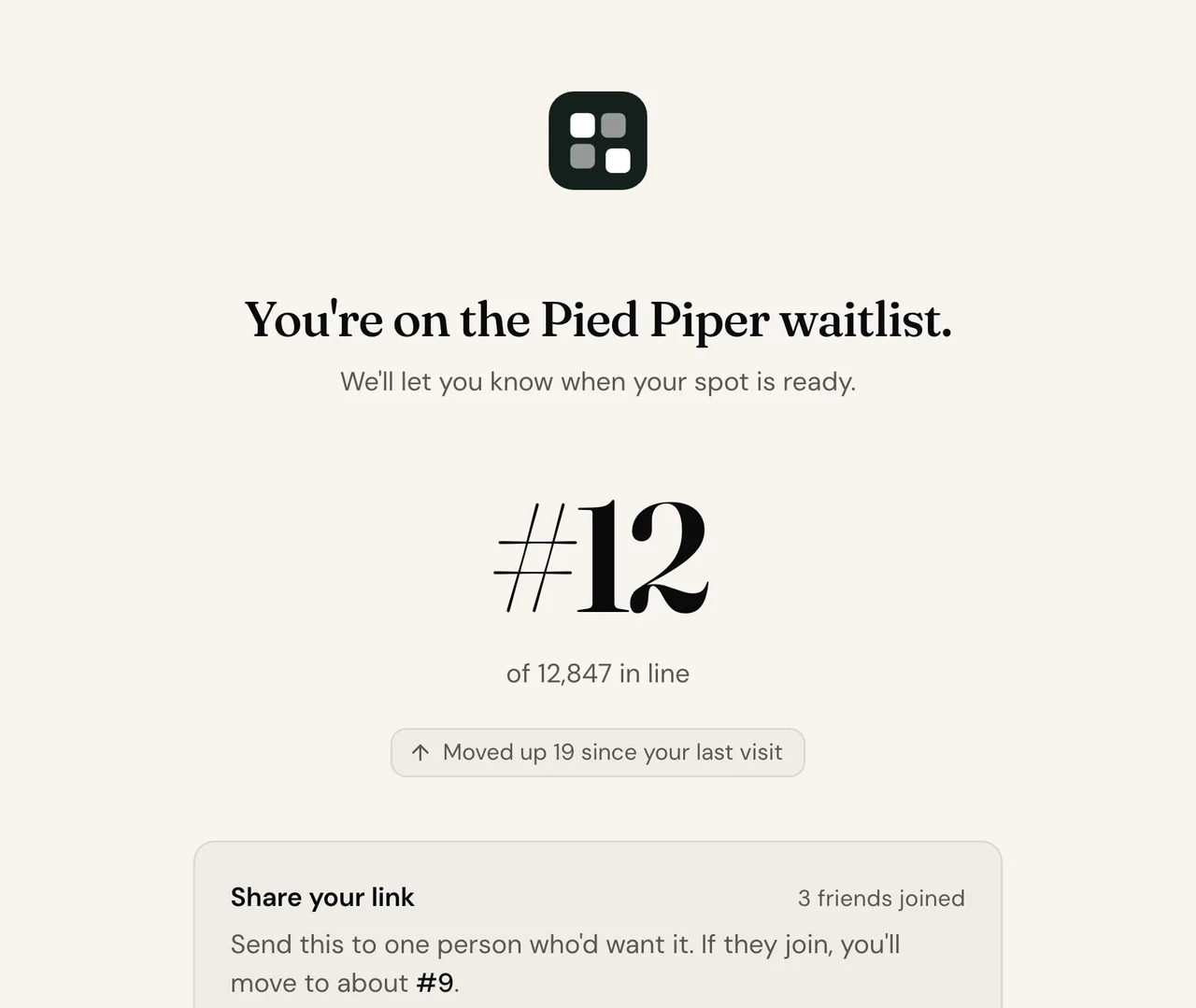 Pied Piper's thank-you page in the Clean status page design