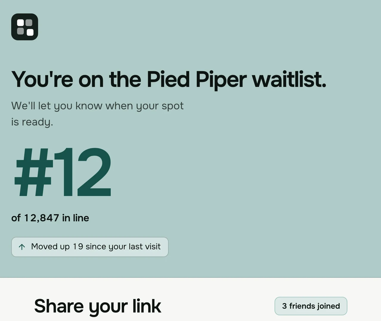 Pied Piper's thank-you page in the Split status page design