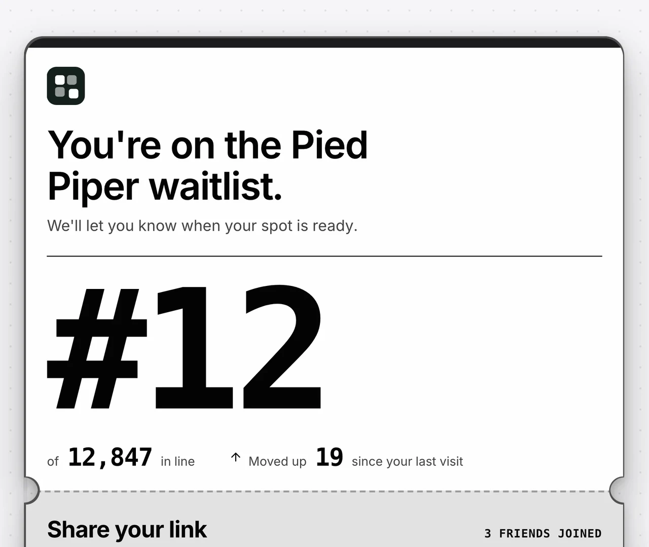 Pied Piper's thank-you page in the Ticket status page design