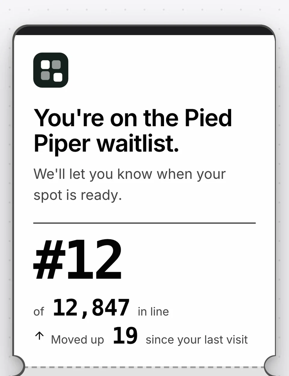 Pied Piper's thank-you page in the Ticket status page design