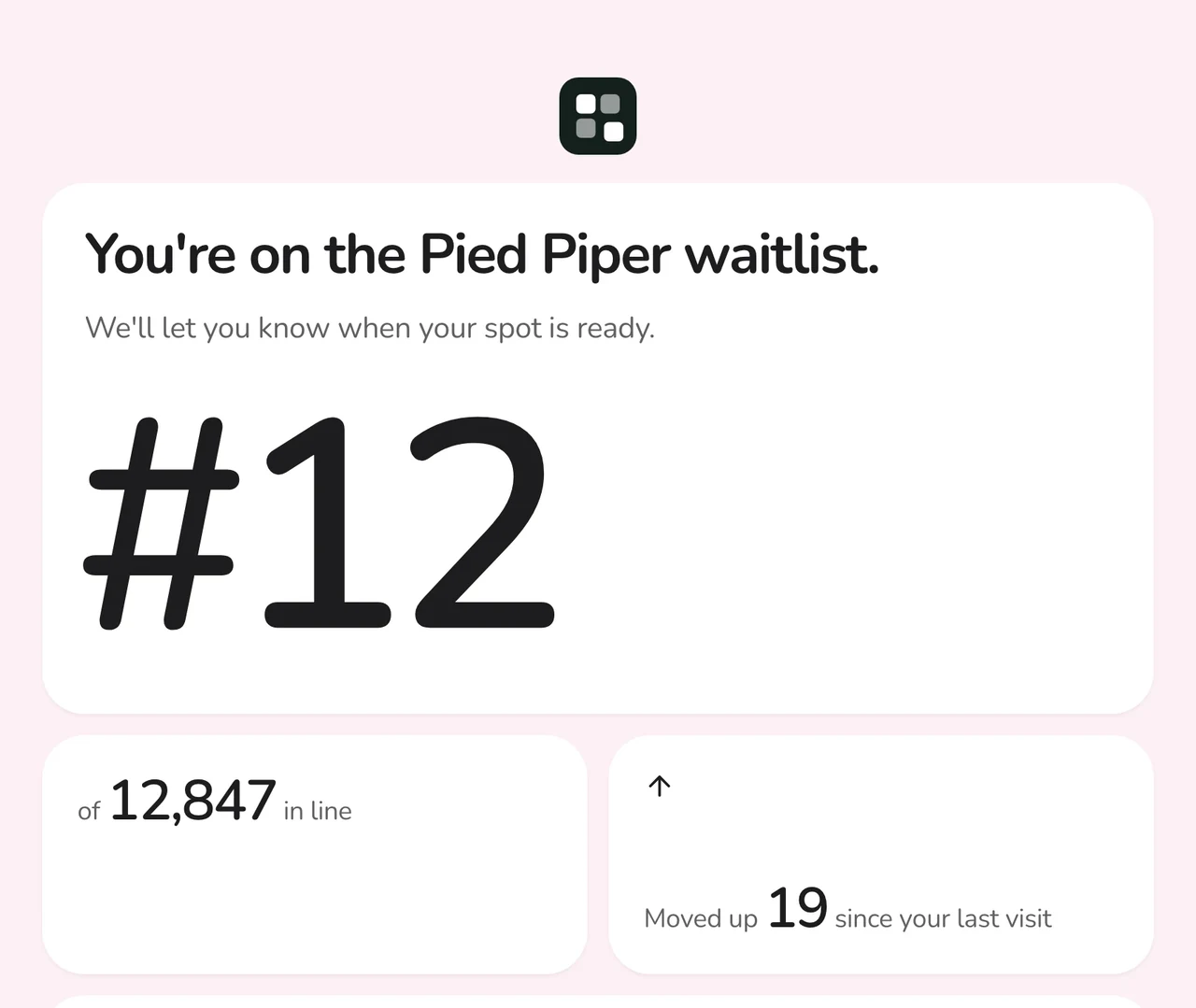 Pied Piper's thank-you page in the Tiles status page design