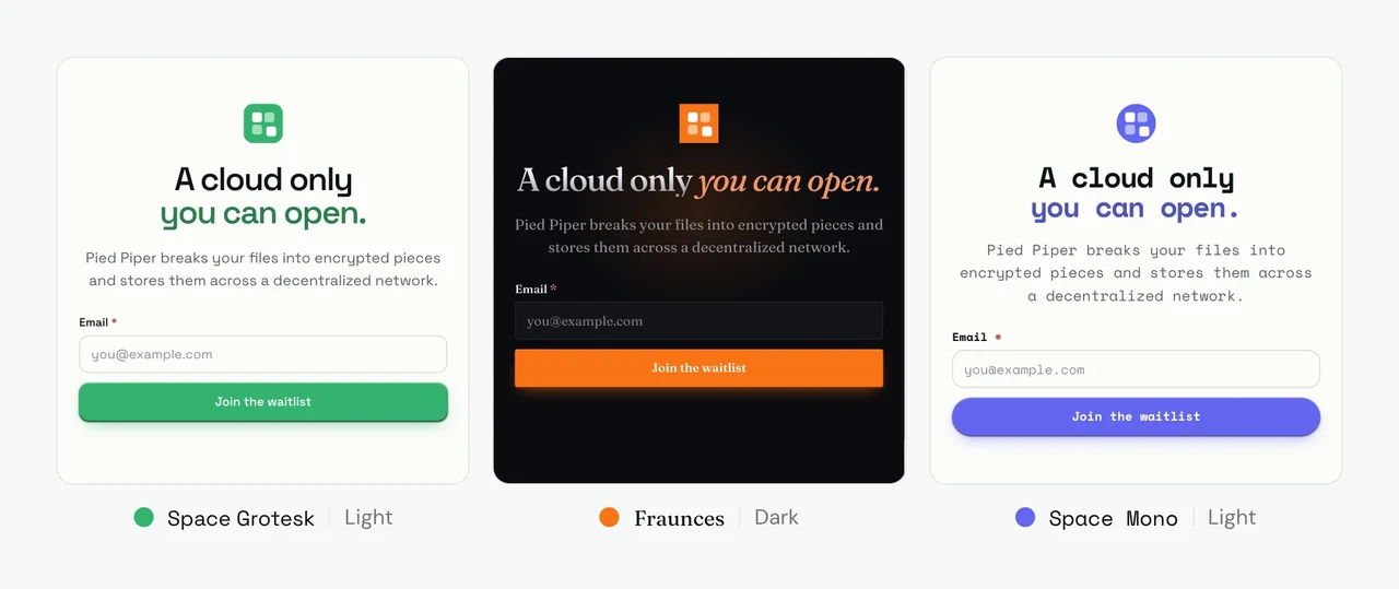 Pied Piper's hero three times, each in a different theme: Space Grotesk with a green accent on a light page, Fraunces with an orange accent and square corners on a dark page, and Space Mono with an indigo accent and pill corners on a light page