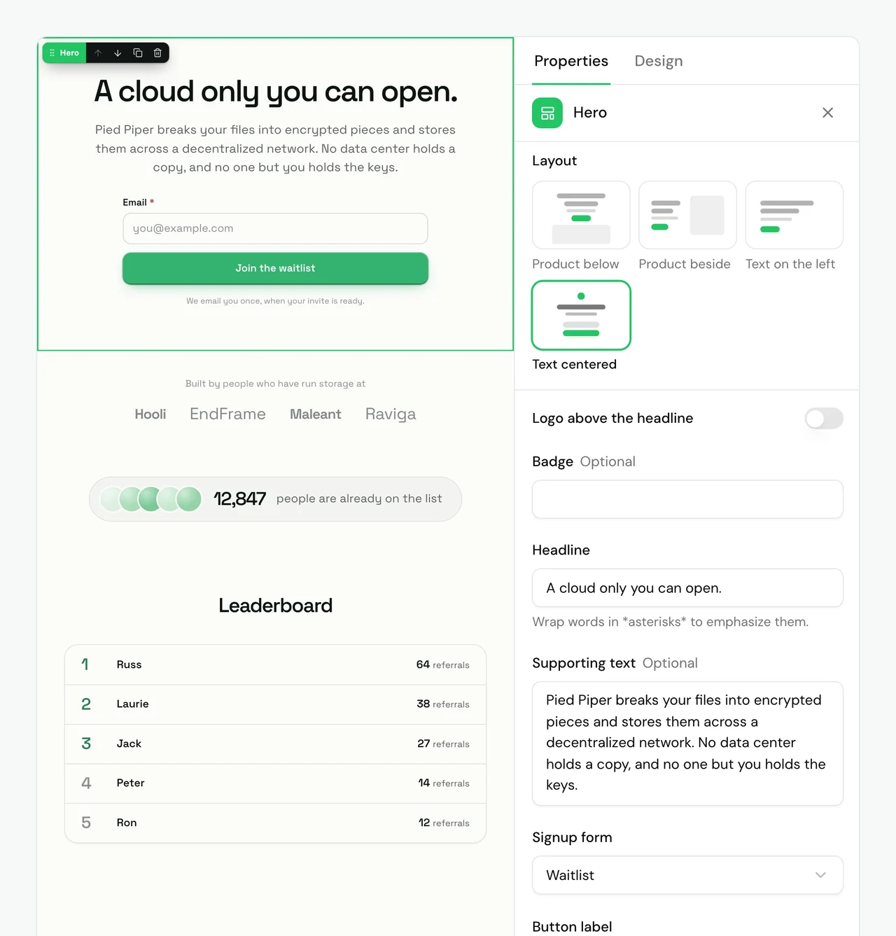 The Pied Piper page in the editor with its hero block selected and the block settings open beside it