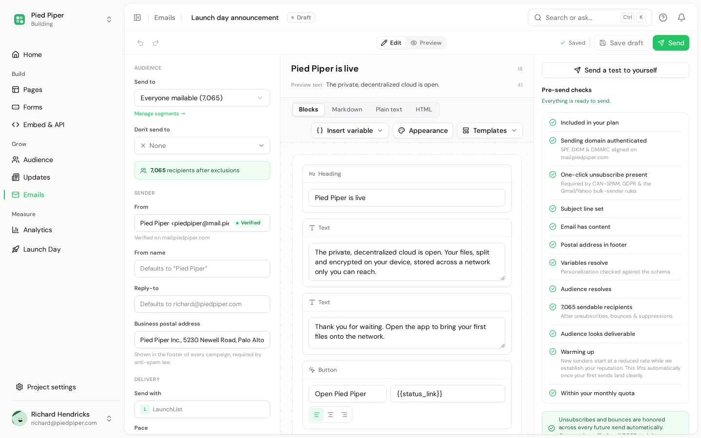 LaunchList's broadcast editor: Pied Piper's "Launch day announcement" to 7,065 people, with its sender and pre-send checks.